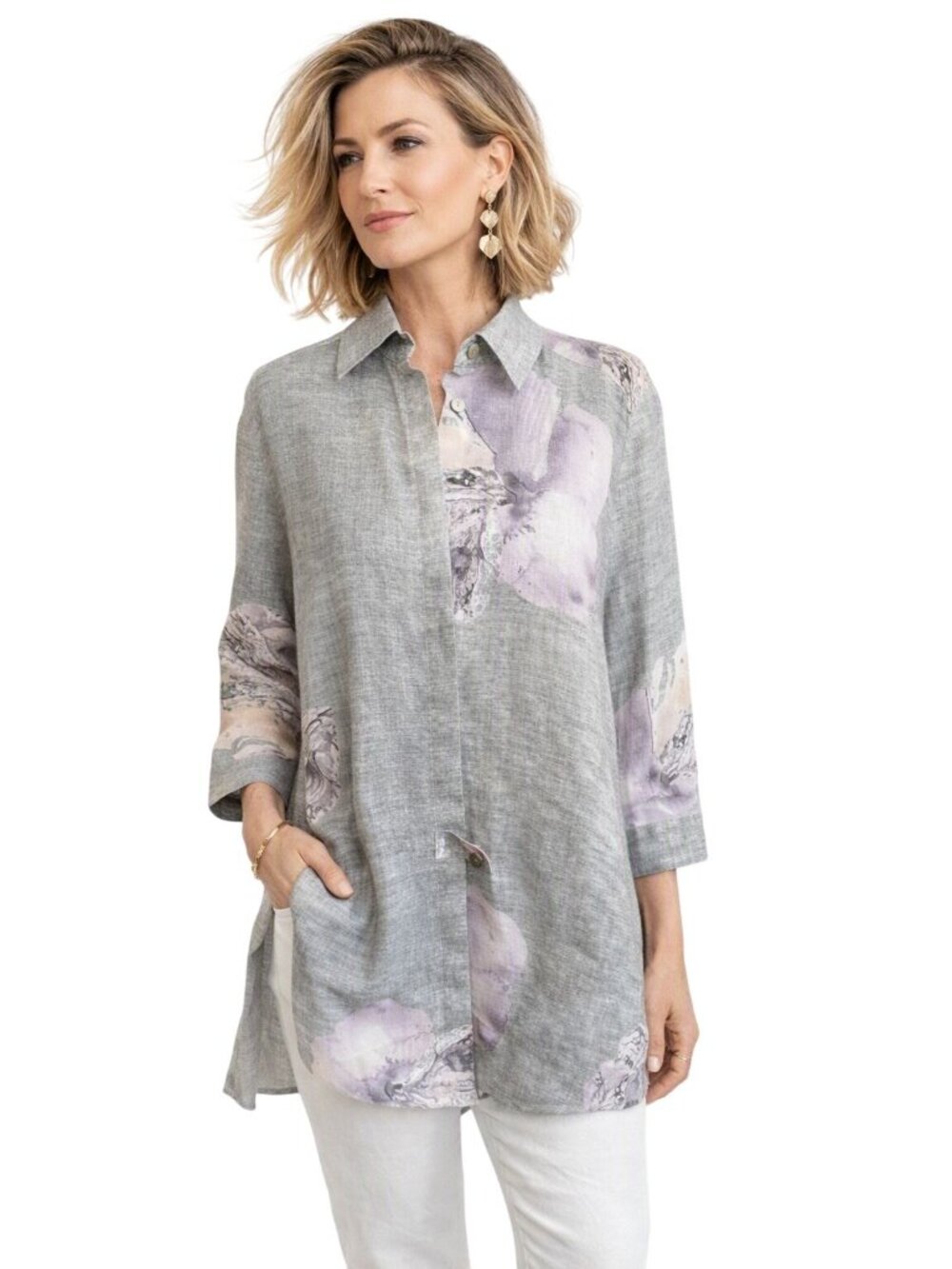 Noen Gray Flax Italian Linen Button-Up Tunic Top Floral Print Womens M Lagenlook
